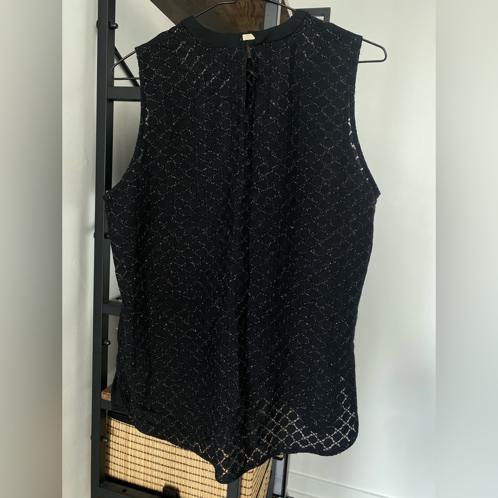 Mango sleeveless sheer black blouse with gold threading. Size: Large